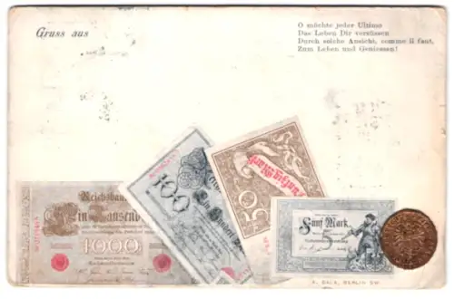 AK Reichsbanknoten 100 Mark, 5 Mark, 50 Mark, Münze