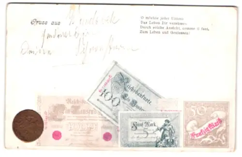 AK Reichsbanknoten 100 Mark, 5 Mark, Münze