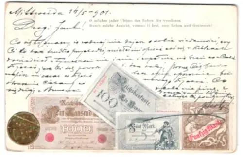 AK Reichsbanknoten 100 Mark, 5 Mark, 1000 Mark, 50 Mark, Münze
