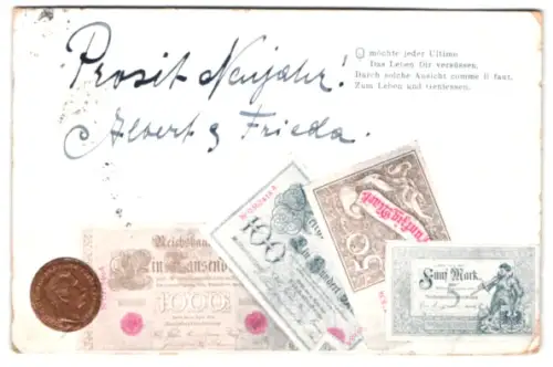 AK Reichsbanknoten 100 Mark, 5 Mark, 1000 Mark, Münze, 50 Mark