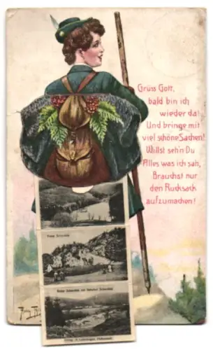 Leporello-AK Arthur Thiele: Bad Lauterberg, Wanderin mit Rucksack, Wiesenbekerteich, RUine Schwarzfels, Philosophenweg