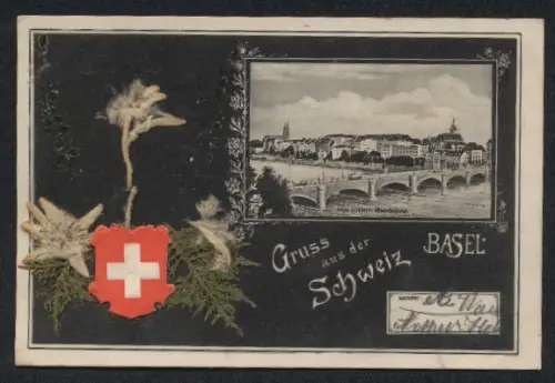 Trockenblumen-AK Basel, Neue mittlere Rheinbrücke, Getrocknetes Edelweiss und Wappen
