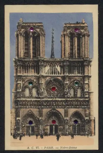 Glitzer-Perl-AK Paris, Cathédrale Notre-Dame mit Glitzer-Perlen