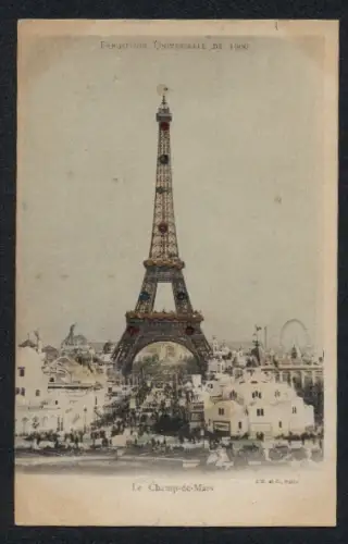 Glitzer-Perl-AK Paris, Exposition Universelle de 1900, Le Champ de Mars, Eiffelturm mit Glitzer-Perlen