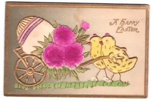 Stoff-Präge-AK Osterküken schieben eine Schubkarre mit Osterei und Stoff-Blumen