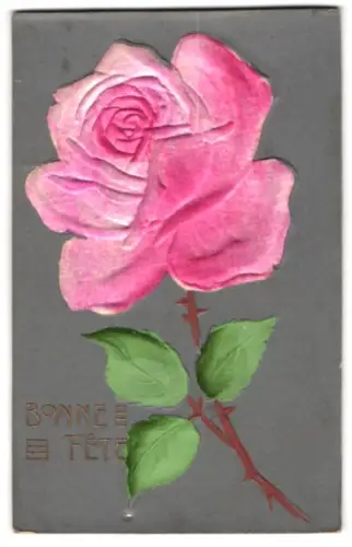 Stoff-Präge-AK Rosafarbene Rosenblüte aus Stoff, Bonne Fête