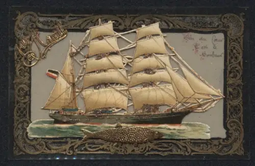 Zelluloid-AK Segelschiff in Fahrt im goldenen Rahmen, Fisch, 1. April