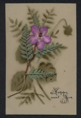 Zelluloid-AK Zweig mit violetter Blüte, Happy New Year
