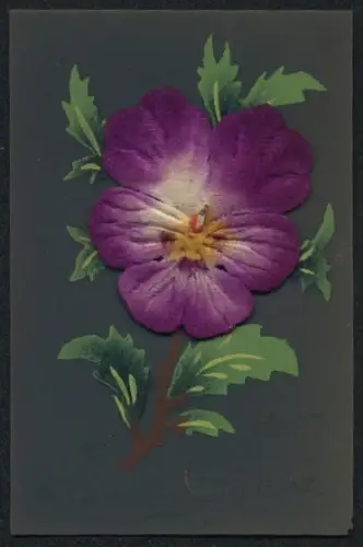 Zelluloid-AK Bonne Année, Violettes Stiefmütterchen aus Stoff