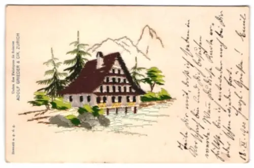 Stick-AK Haus am Flussufer in den Bergen