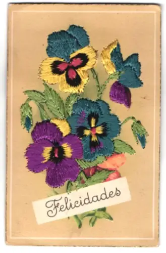Stick-AK Blaue, gelbe und Violette Stiefmütterchen, Felicidades