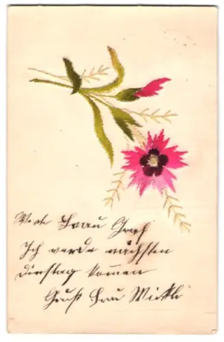 Stick-AK Aufgestickte Blume mit rosafarbenen Blüten