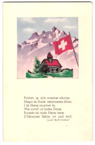Stick-AK Aufgestickte Kirche in den Bergen, Schweizer Fahne, Gedicht von Josef Wyss-Stäheli