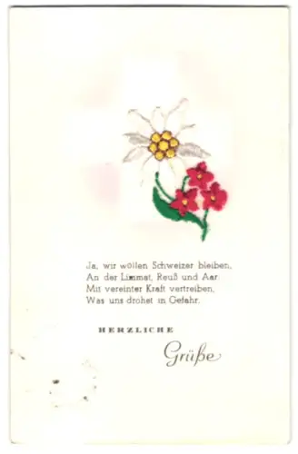 Stick-AK Schweizer Fahne mit aufgestickter Edelweissblüte