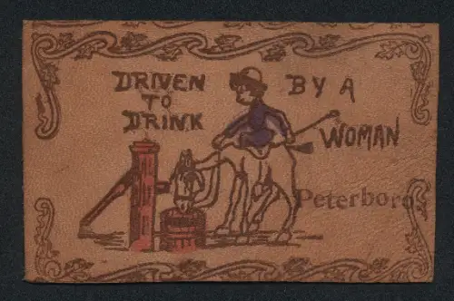 Leder-AK Pferd trinkt aus einem Eimer, Driven to drink by a woman
