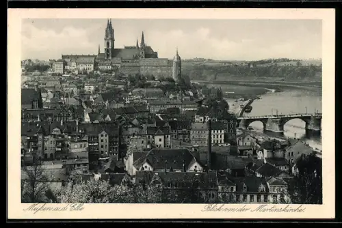 AK Meissen an der Elbe, Totalansicht von der Martinskirche, mit Albrechtsburg und Elbbrücke