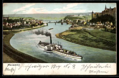 AK Meissen, Ortsansicht mit Dampfschiff auf der Elbe, Albrechtsburg