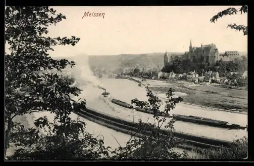 AK Meissen, Albrechtsburg und Elbe mit Frachtschiffen