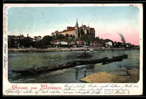 AK Meissen, Albrechtsburg, Elbe, Frachtschiffe