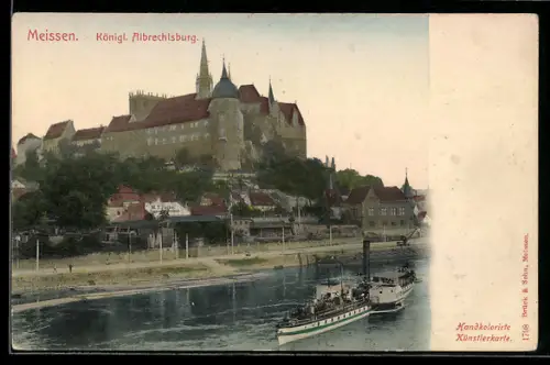 AK Meissen, Königl. Albrechtsburg, Dampfschiff auf der Elbe