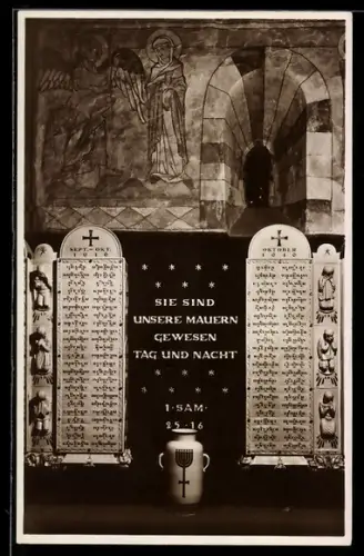 AK Meissen, Kriegergedächtniskirche, Ehrenmal mit Bibelzitat und Gedenktafeln