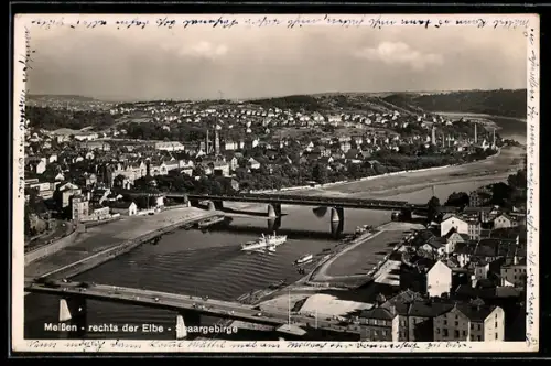 AK Meissen, Rechts der Elbe, Elbbrücke, Dampfer, Saargebirge