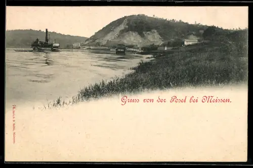 AK Meissen, Dampfschiff auf der Elbe bei Bosel