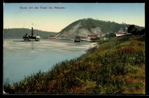 AK Posel bei Meissen, Dampfschiff auf der Elbe, Uferlandschaft, Hügel