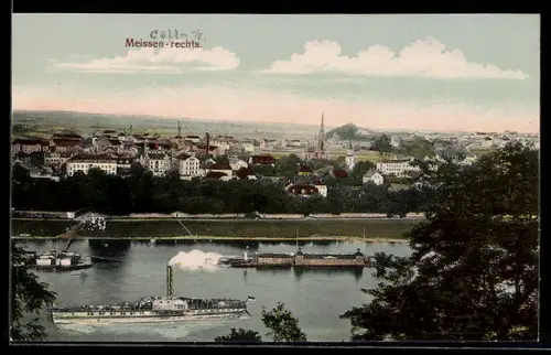 AK Meissen, Ortsansicht mit Dampfschiff und Elbe