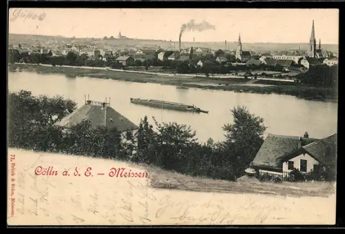 AK Cölln a. d. E., Ortsansicht mit Elbe und Dampfschiff