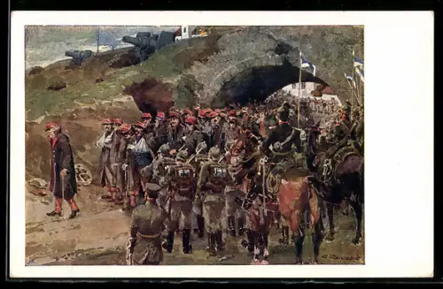 Künstler-AK A. Marussig: Rotes Kreuz Karte Nr. 112, Französische Kriegsgefangene auf dem Marsch