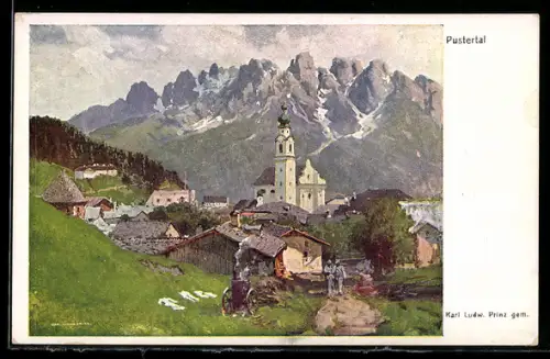 AK Rotes Kreuz Nr. 419: Karl Ludwig Prinz: Pustertal, Ortspartie mit Pfarrkirche mit Blick gegen die Berge