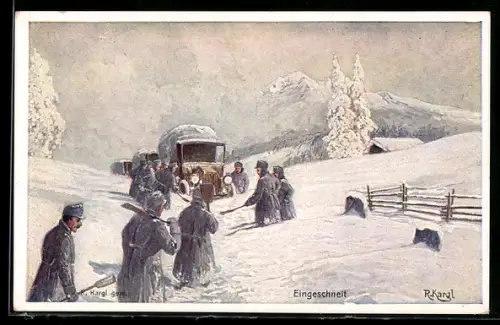 AK Rotes Kreuz, Kriegsfürsorgeamt Nr.359: Soldaten stecken mit ihren Fahrzeugen im Schnee fest