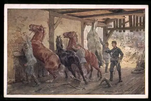 AK Rotes Kreuz Nr. 429: Beschlagmeister Peter Hodbod unter Geschützfeuer, Landwehr-Feldhaubitzdivision Nr.13