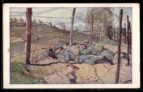 AK Rotes Kreuz Nr. 514: Soldaten kriechen an feindliche Maschinengewehrstellung heran um diese unschädlich zu machen