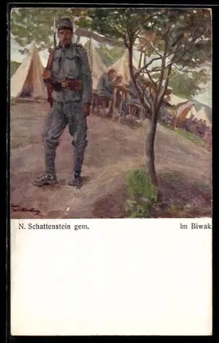 Künstler-AK Rotes Kreuz Nr. 335: Soldaten im Biwak, Wachsoldat in Uniform