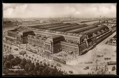 AK Leipzig, Hauptbahnhof aus der Vogelschau