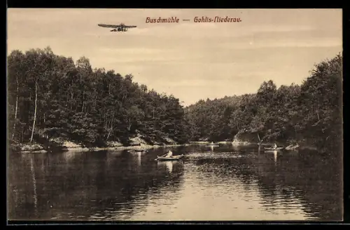 AK Gohlis-Niederau, An der Buschmühle, Flusslandschaft mit Ruderbooten und Flugzeug
