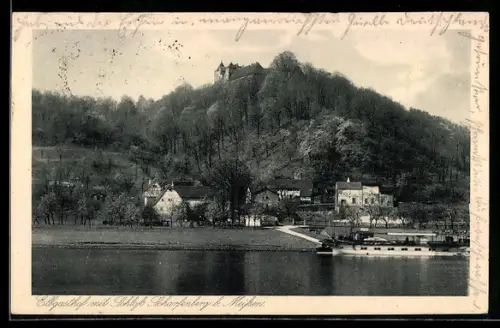 AK Scharfenberg b. Meissen, Elbgasthof Scharfenberg H. Schönherr, Schloss Scharfenberg