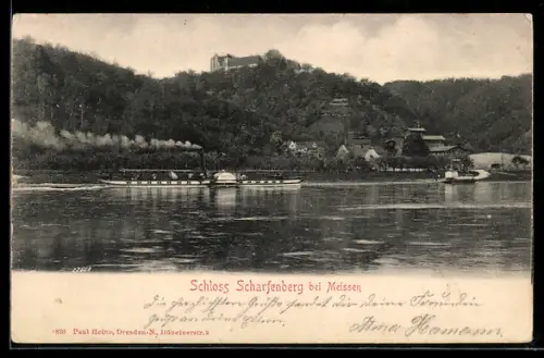 AK Scharfenberg bei Meissen, Schloss Scharfenberg, Dampfschiff auf der Elbe