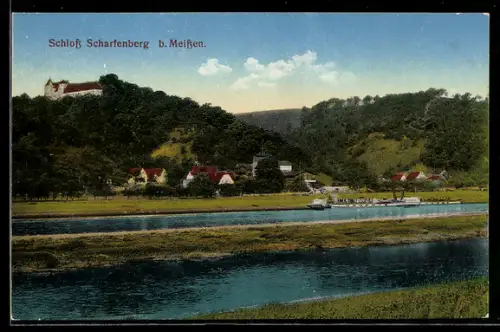 AK Scharfenberg b. Meissen, Schloss, Ortsansicht, Elbe