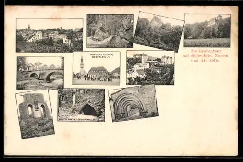 AK Nossen, Grabentour mit Siebenlehn, Nossen u. Altzella, Ortsansicht m. Schloss, Kirche, Klosterruine Alt-Zella