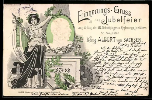 AK König Albert von Sachsen, 70. Geburtstags- und Regierungs-Jubiläum 1873-98, Felicitas / Iris hält ein Portrait