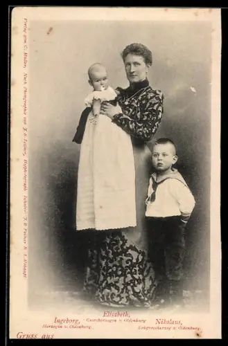 AK Grossherzogin Elisabeth von Oldenburg mit Tochter Ingeborg & Sohn Nikolaus