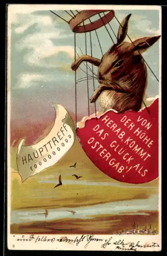 AK Osterhase kommt mit dem Ballon angeflogen