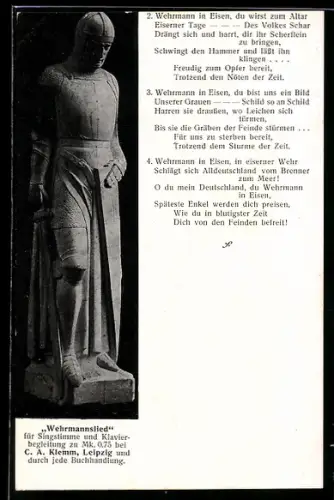 AK Leipzig, Wehrmann in Eisen, Wehrmannslied von Paul Grotowsky, Notenzeilen Rückseitig