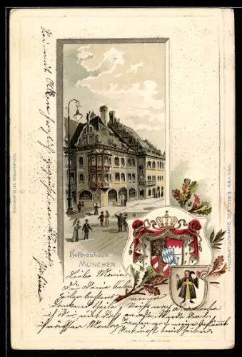 Passepartout-Lithographie München, Strasse am Hofbräuhaus, Wappen mit Münchner Kindl