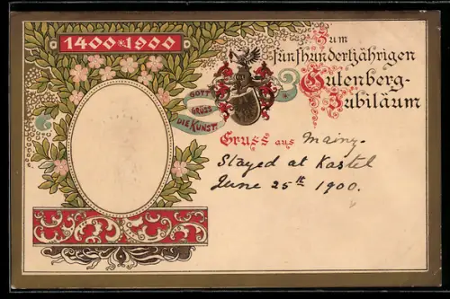 AK Buchdruck, zum 500 Jährigen Gutenberg-Jubiläum 1400-1900, Portrait Gutenberg