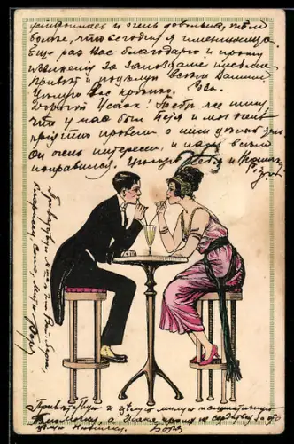 AK Mann und Frau im Jugendstil trinken aus einem Glas