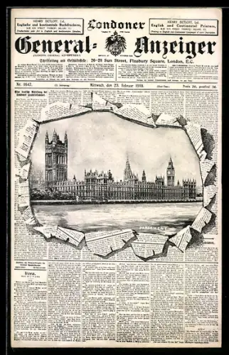 AK London, Zeitung Londoner General-Anzeiger Ausgabe 23. Februar 1910, Blick auf das Parlament